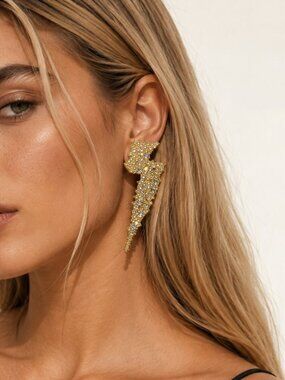 ✨ Rhinestone Lightning Bolt Statement Earrings Crystal Drop - Stainless Steel
